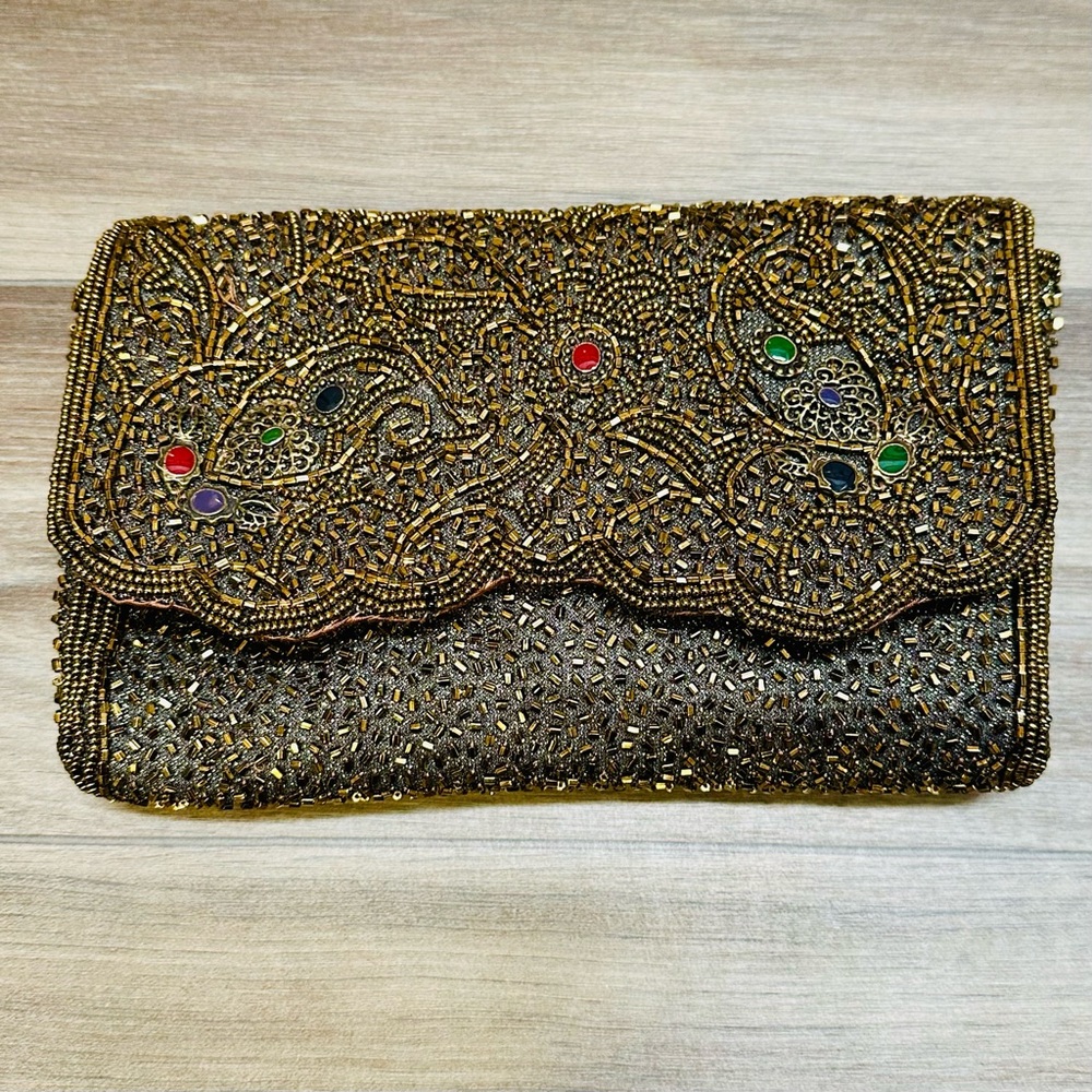Vintage Hand Beaded La Regale Gold & Jewel Toned Clutch - Picture 2 of 9